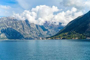 View of the Bay of Kotor, mountains, sky in the clouds