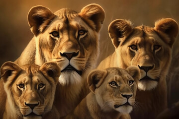 Fototapeta na wymiar Kings and Queens: A Lion Family in Their Kingdom - Generative Ai