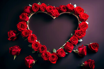 Heart - shaped empty frame and red roses with blank copy space for text on red background.
