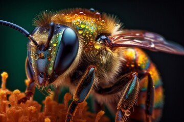 Macro closeup of a honey bee and pollen illustrated with generative AI