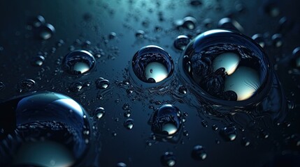 Futuristic Macro Design: Wet Blue Bubble Dripped in Dark Water Background: Generative AI