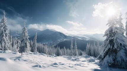 Majestic Winterly Peak: Panoramic Scenery of Snowy Mountains, Alpine Trees, and Serenity: Generative AI