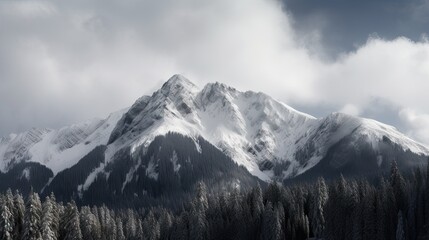 Snowy Peaks of a Winter Wonderland: Panoramic Mountain Range in Nature's Cold Embrace. Generative AI