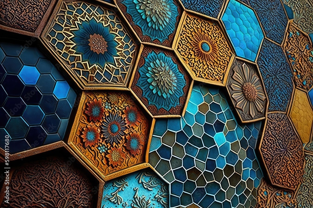 Aufkleber mosaic art abstract background in hexagonal shape. distinct generative ai image. generative ai