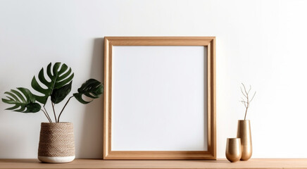 Blank wooden picture frame with a white base on white wall over a wooden table with a vase and stylish vases, generated ai