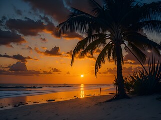Obraz na płótnie Canvas Island Paradise: A Serene Sunset Silhouette of Palm Trees on a Tropical Beach. AI generated