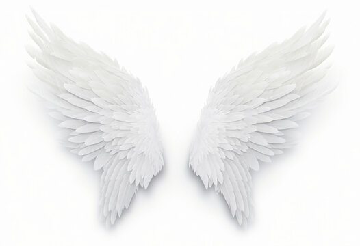 White angel wing isolated on white background, pair of white isolated angel style wings with 3D, generative ai