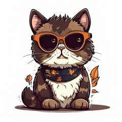 kawaii cute cat wearing sunglasses, black tortoishell fur, contour, white background, summer