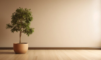 Fototapeta premium Empty room interior background with beige wall and pot with a plant, generated ai