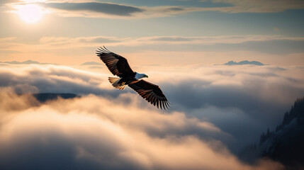 Fototapeta na wymiar Eagle in flight above the clouds, Generative Ai