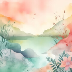Fototapeta na wymiar Mountain lake Nature Watercolor. Generative AI