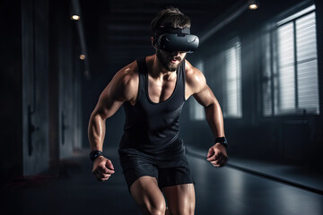 Fototapeta na wymiar A man in the gym uses VR glasses for sports