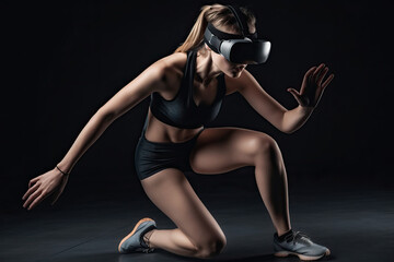 A girl with a sporty appearance wears vr glasses for playing sports, a portrait of a sports girl in vr glasses, generative AI.