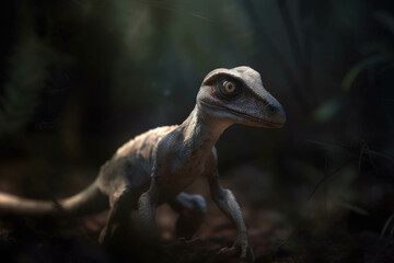 A lightningfast Velociraptor hunting its prey with an unblinking stare.. AI generation. Generative AI