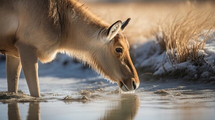 Beautiful Saiga Antelope Enjoys Refreshing Winter Day in the Steppe: Generative AI