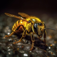 Close-Up of a Busy Bee Fluttering on Gold Glitter: A Spectacular Macro Shot of an Insect Pollinating: Generative AI