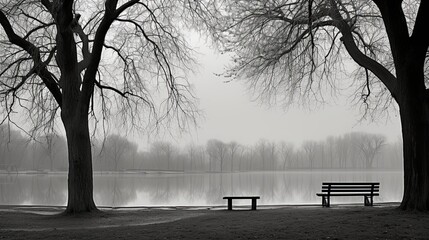 Lonely Contemplations: A Black-and-White Moment of Solitude on a Park Bench. Generative AI