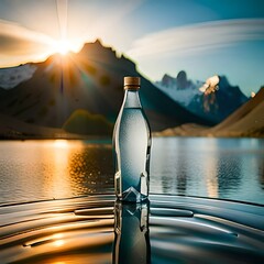 bottle in the water with sunset