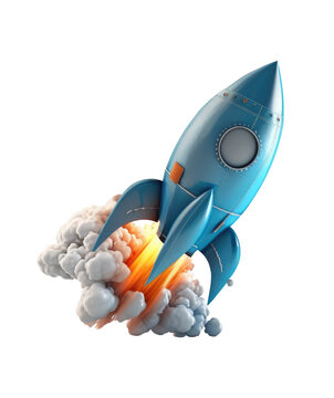 Blue rocket takes off isolated on white, transparent background, PNG, generative ai