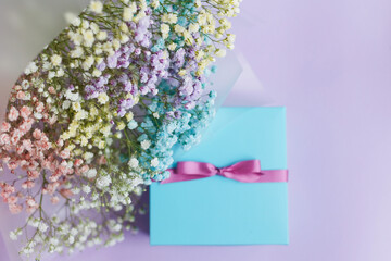 Rainbow gypsophila bouquet and gift box