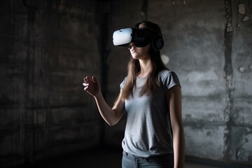A teenage girl in an abandoned and dirty room wears VR glasses, generative AI.