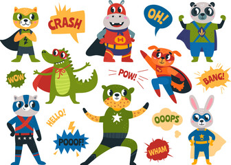 Cartoon animals superhero stickers. Baby animal hero with super power, cute wild strong superman. Flying creatures classy vector clipart