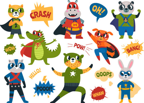 Cartoon animals superhero stickers. Baby animal hero with super power, cute wild strong superman. Flying creatures classy vector clipart