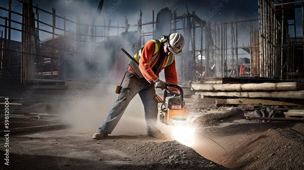 Poster a man in an orange jacket is using a grinder. ai generative image