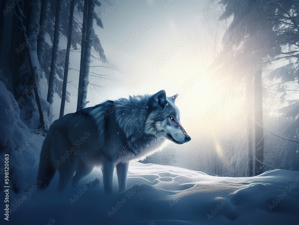 Poster a wolf standing in the snow in front of a forest. ai generative image