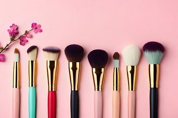 Flat lay composition with professional makeup brushes on color background. Space for text