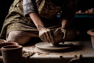 Fototapeta na wymiar A teacher is working on a potter's wheel. Generative AI