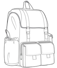 functional rain buckle backpack flat sketch vector illustration technical drawing template. cad mockup.