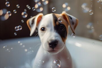dog in bath with bubbles. Ai Generated