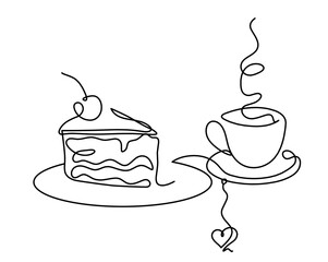 Abstract piece of cake and heart as continuous lines drawing on white background