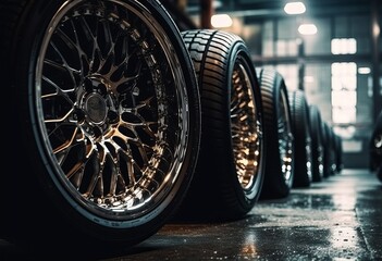 Car tires in the workshop garage. Generative AI 
