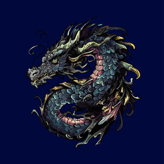 Colored vector  inked style dragon wall art