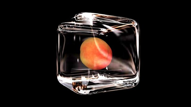 Peache and glass cube in full rotation, Alpha Channel, Looped, 3D Render
