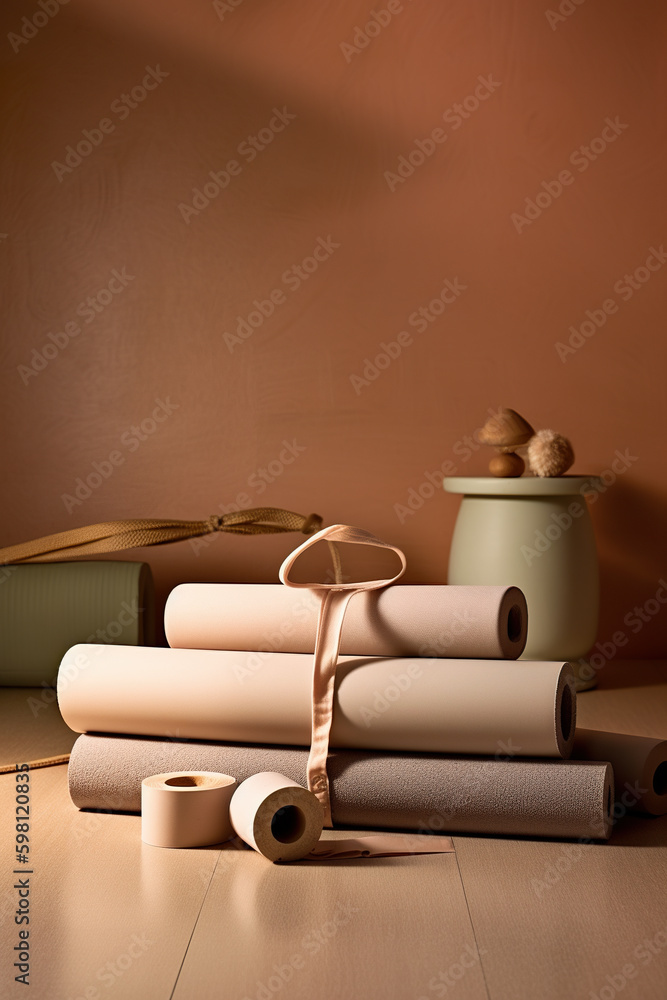 Wall mural A pile of rolled up papers sitting on top of a wooden floor. AI generative image