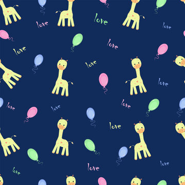Fototapeta  Seamless pattern with a giraffe and balloons in blue, pink, green on a blue background with inscriptions love for babe