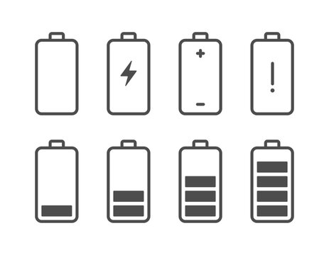Set of battery icon. Flat mobile phone interface icon. Power, full battery symbol for mobile app, UI UX, operation system.