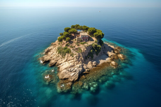 Aerial. Tropical island with one house. Generative ai.  Generative AI