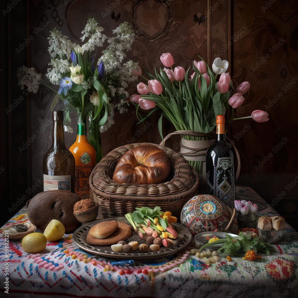 Poster a table topped with a basket of bread next to a bottle of wine. ai generative image