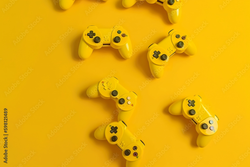 Poster a group of yellow video game controllers on a yellow background. ai generative image