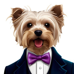 Hugo the Yorkshire Terrier Wearing a Purple Tuxedo with a Matching Bow Tie - Created with Generative AI