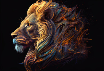 A huge head of a lion with a developing multi-colored mane on a dark background. AI Generated