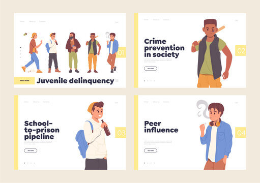 Landing page set with juvenile delinquency, teenager crime and difficulties in children education Generative AI