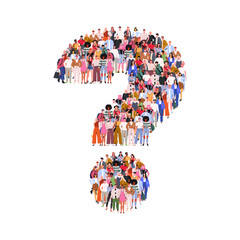 Large group of people in form of question mark sign. Faq concept. People standing together. A crowd of male and female characters. Flat vector illustration isolated on white background.