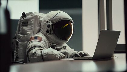 The astronaut is sitting in front of a laptop. Generative AI
