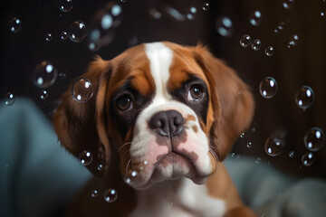 cute puppy of king charles in bath, pets cleaning, Generated Ai