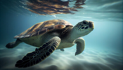 Portrait of a sea turtle swimming underwater. Generative AI
